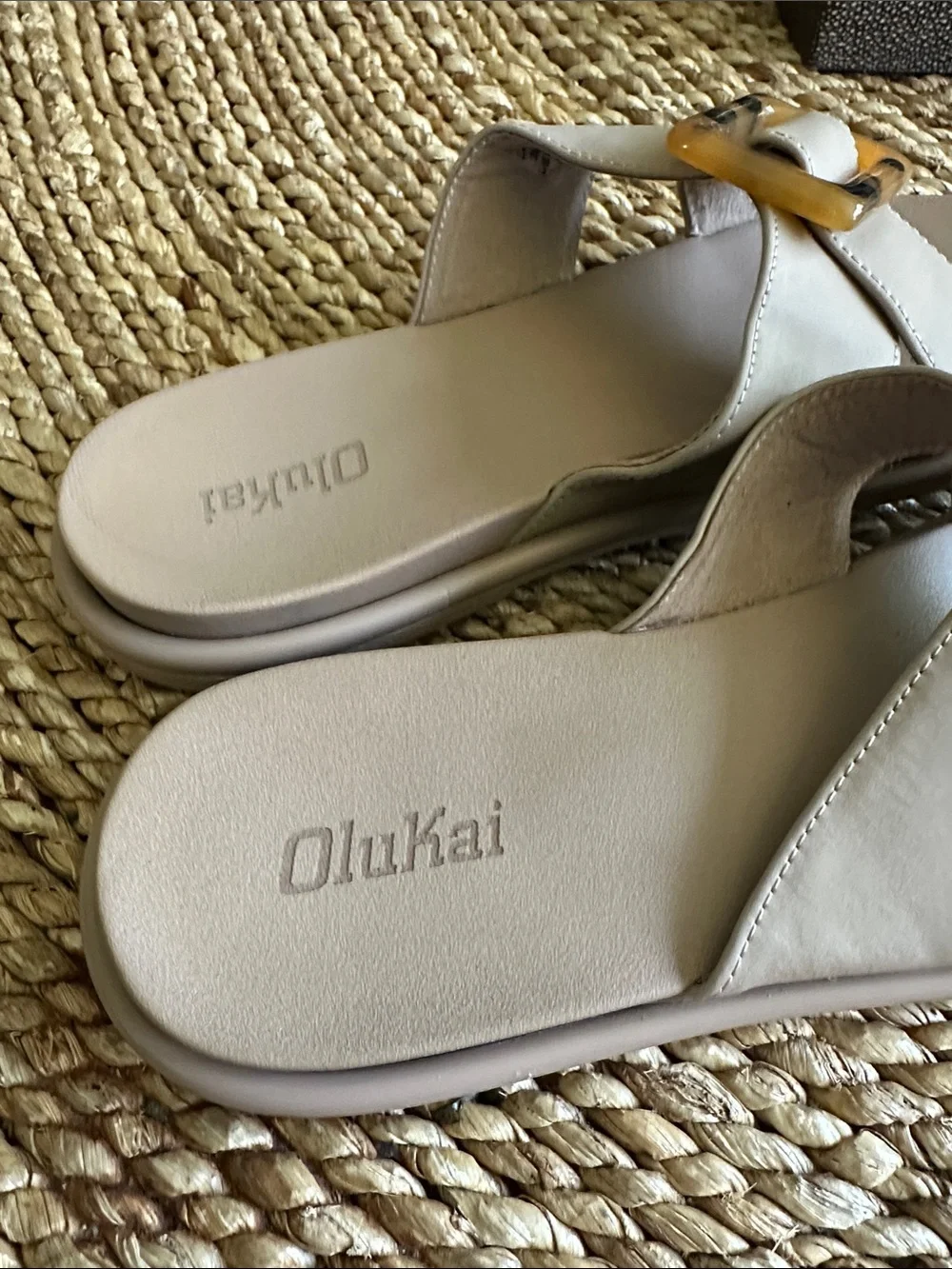 OluKai Neutral Beige Slide Sandals with Tortoiseshell Accent